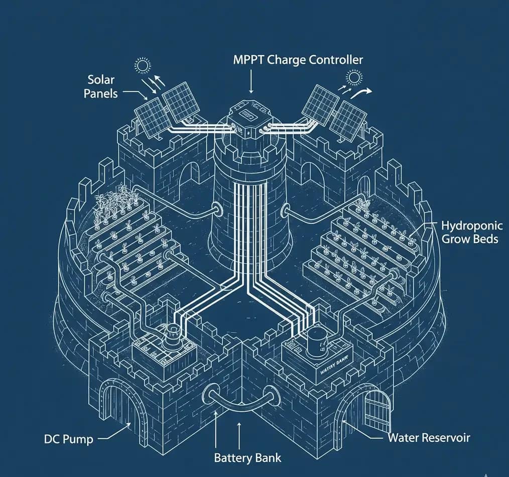 Solar Hydroponics Decoded: Size Panels, Batteries & Pump Loads to Never Run Out of Power 3 A blueprint of an unbreakable off-grid hydroponic system, highlighting key components for reliability.