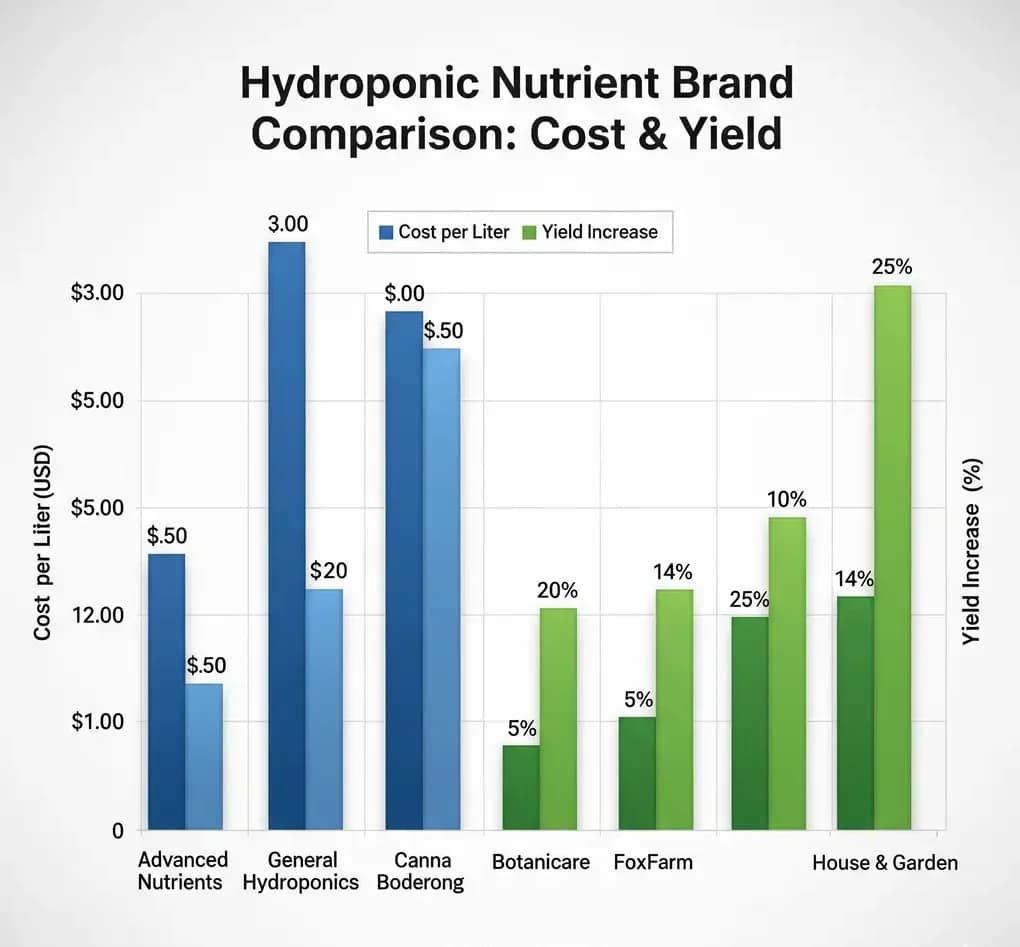 Hydroponic Nutrients 2025: The Clean Mix, pH Stability & Label Truths Labs Don't Share 2 A bar chart visually comparing the cost per liter and yield increase of several popular hydroponic nutrient brands.