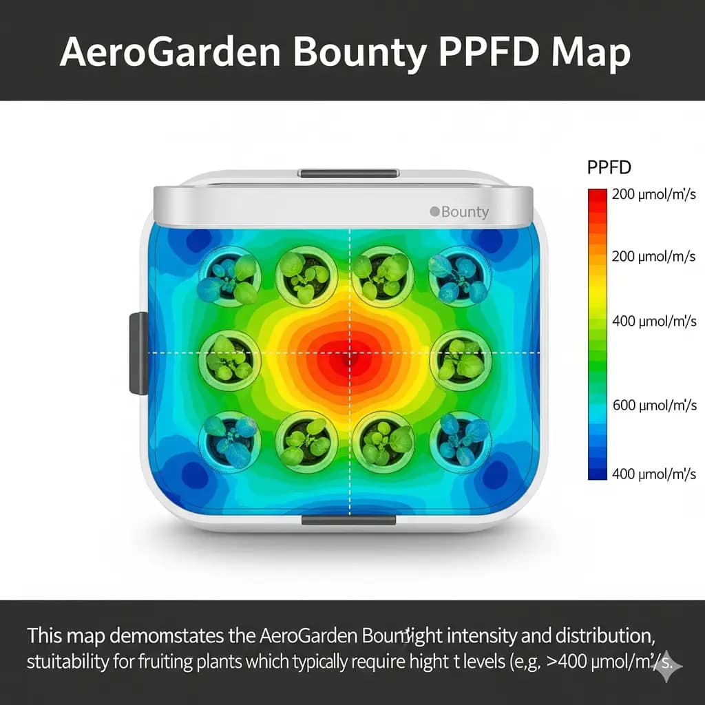 AeroGarden Harvest vs Bounty 2025: Brutally Honest Comparison (Is the Upgrade Worth It?) 3 A PPFD map illustrating the light output and even coverage of the AeroGarden Bounty, showing its suitability for fruiting plants.