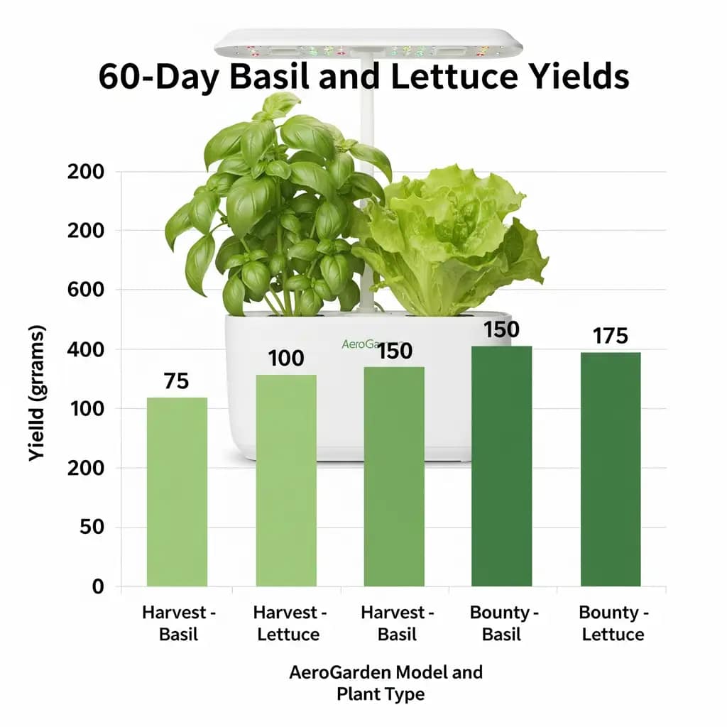 AeroGarden Harvest vs Bounty 2025: Brutally Honest Comparison (Is the Upgrade Worth It?) 1 A bar chart comparing the 60-day basil and lettuce yields of the AeroGarden Harvest and Bounty models.