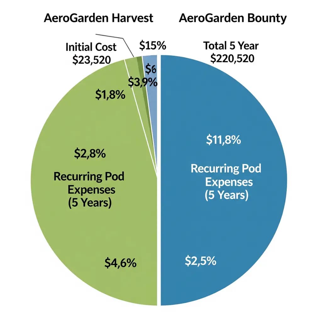 AeroGarden Harvest vs Bounty 2025: Brutally Honest Comparison (Is the Upgrade Worth It?) 2 A pie chart breaking down the total 5-year cost of ownership for both the AeroGarden Harvest and Bounty, including initial cost and recurring pod expenses.
