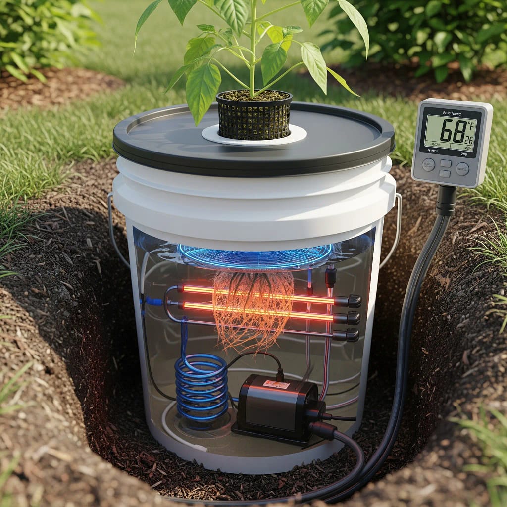 DIY DWC: Build a Quiet, Leak-Proof Hydroponic System for Your Apartment 5 A buried DWC bucket used for reservoir temperature control.