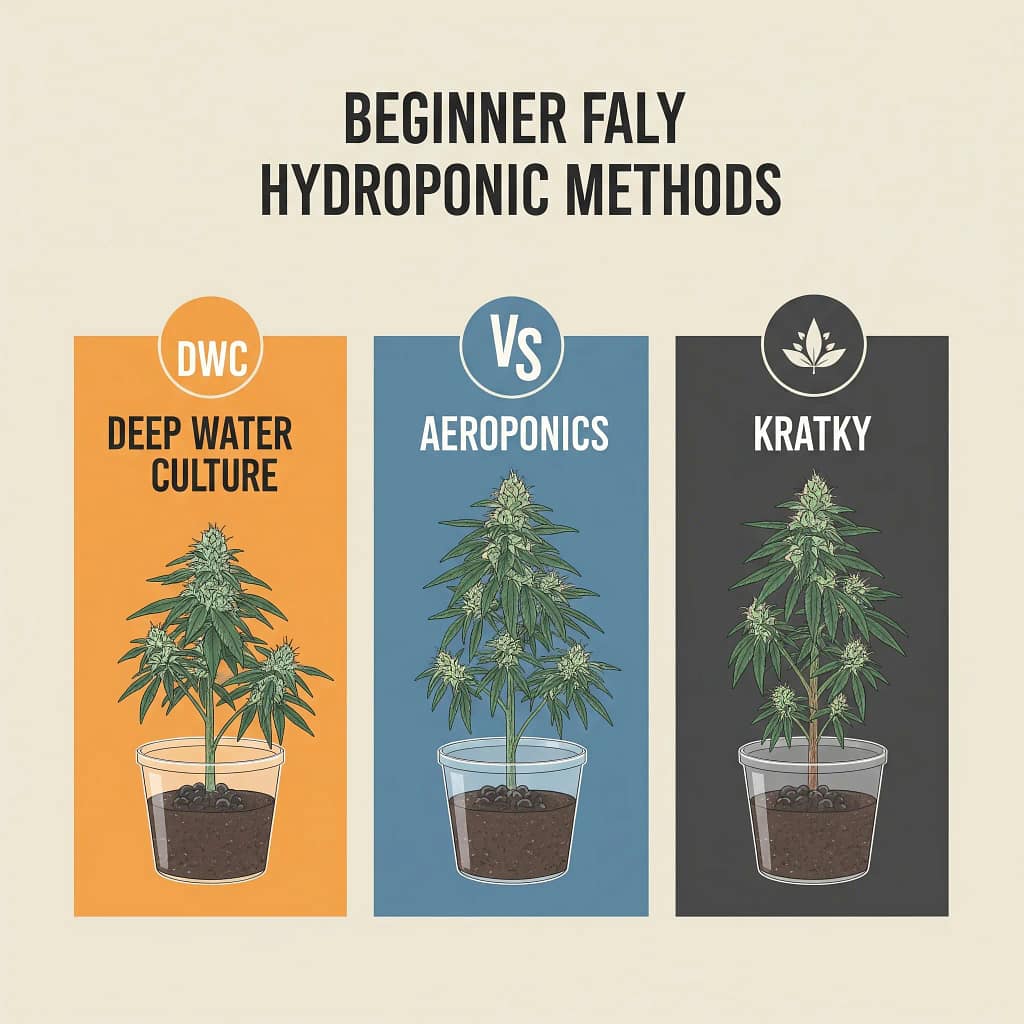Hydroponic Cannabis for Beginners: Your Simple Blueprint 1 Comparing DWC, Aeroponics, and Kratky for a hydroponic cannabis setup | Beginner's guide.