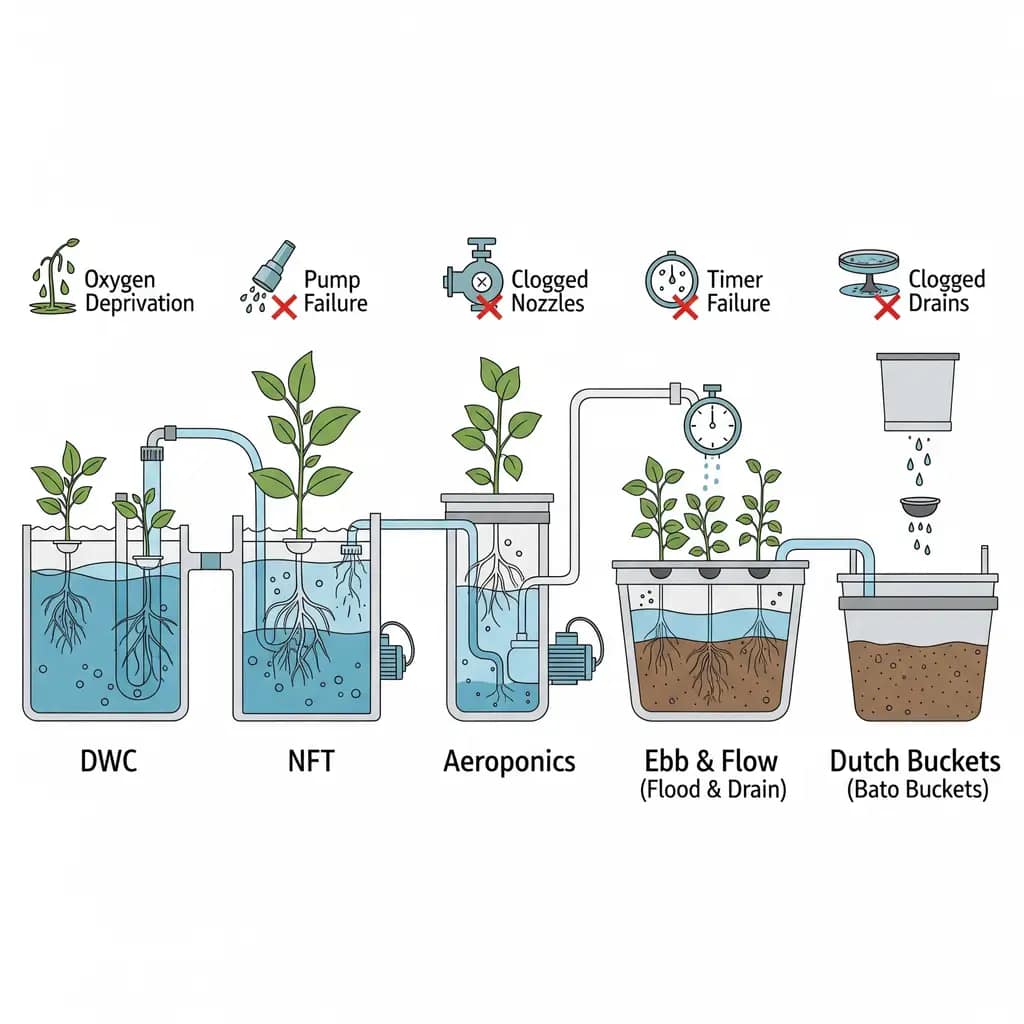 Hydroponic Root Rot Prevention Decoded: Tame Temps, Sterile vs Biologic Warfare & Flow Tactics That Actually Work 3 A schematic diagram comparing five different hydroponic systems and their specific vulnerabilities to root rot, including DWC and NFT.