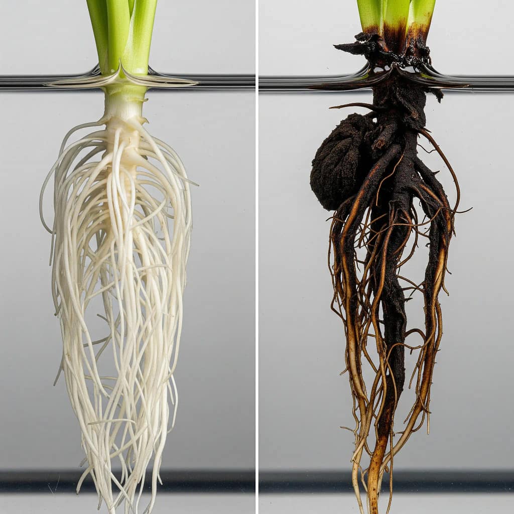 DIY DWC: Build a Quiet, Leak-Proof Hydroponic System for Your Apartment 1 A side-by-side comparison of healthy vs. rotted deep water culture roots.