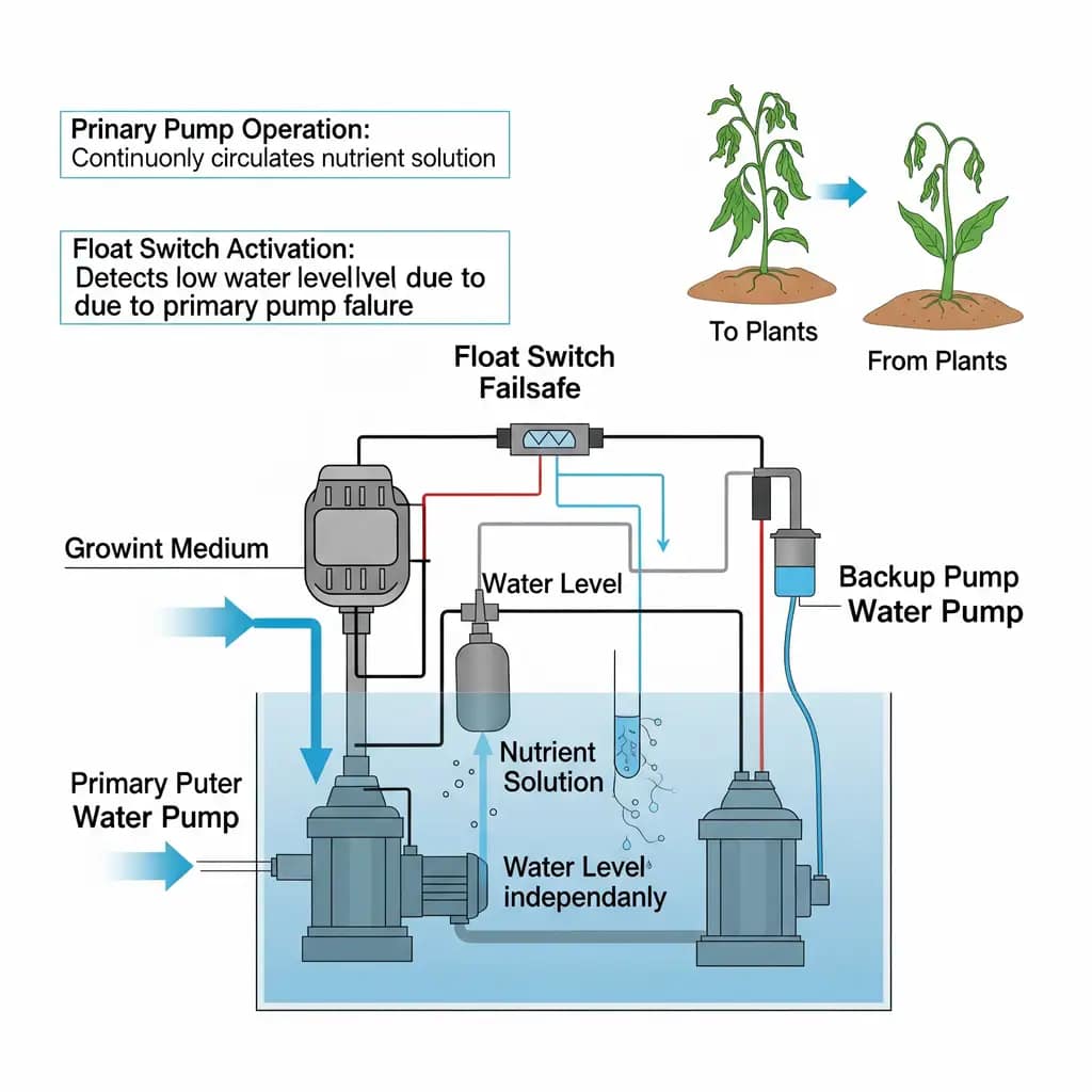 Hydroponic Leafy Greens Yield Hack: Grow 40% More in Half the Time 9 A diagram illustrating a hydroponic pump with a float switch failsafe, showing how a backup system can prevent a crop from wilting due to pump failure.