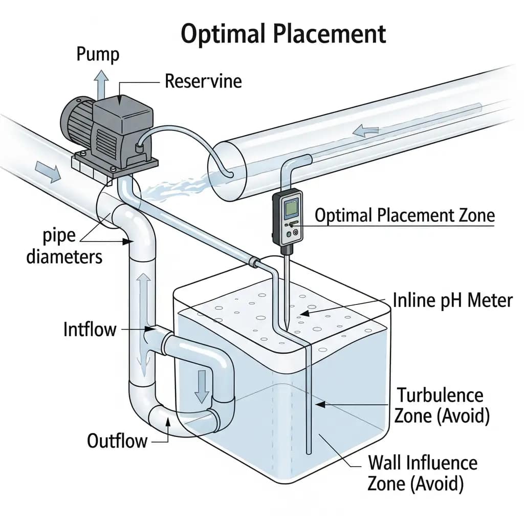 Hydroponic Sensors Warfare: Master Inline vs Handheld Tech, Logging & Alerts 1 A diagram showing the optimal placement of an inline pH meter away from a pump's outflow and reservoir walls in a hydroponic system to avoid inaccurate readings.