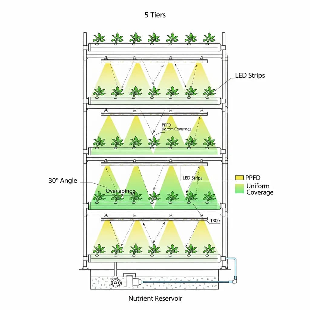 Vertical Hydroponics for Tiny Apartments: Your Anti-Eviction Survival Guide 3 A blueprint of a vertical garden showing LED strip placement and how angled lighting creates uniform PPFD coverage.