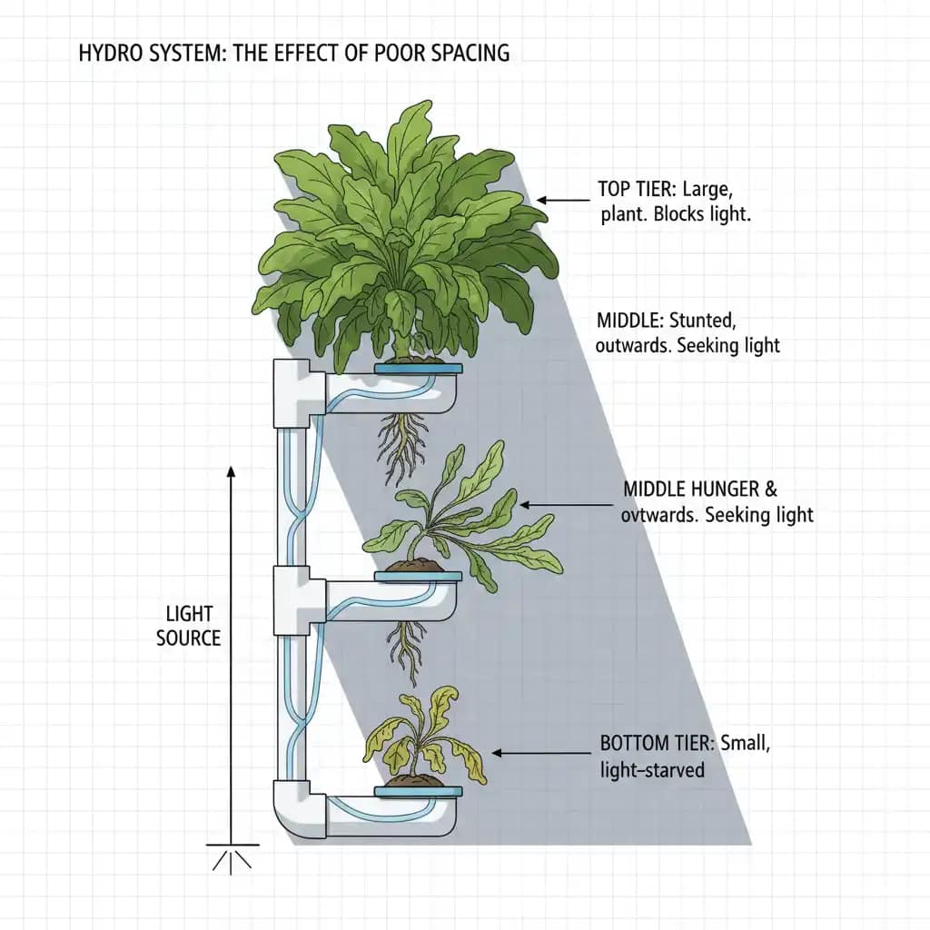 DIY PVC Hydroponics: Master Spacing, Flow & Light to End Lopsided Growth 3 Diagram showing how poor spacing in a vertical garden causes top plants to shade and stunt lower plants.