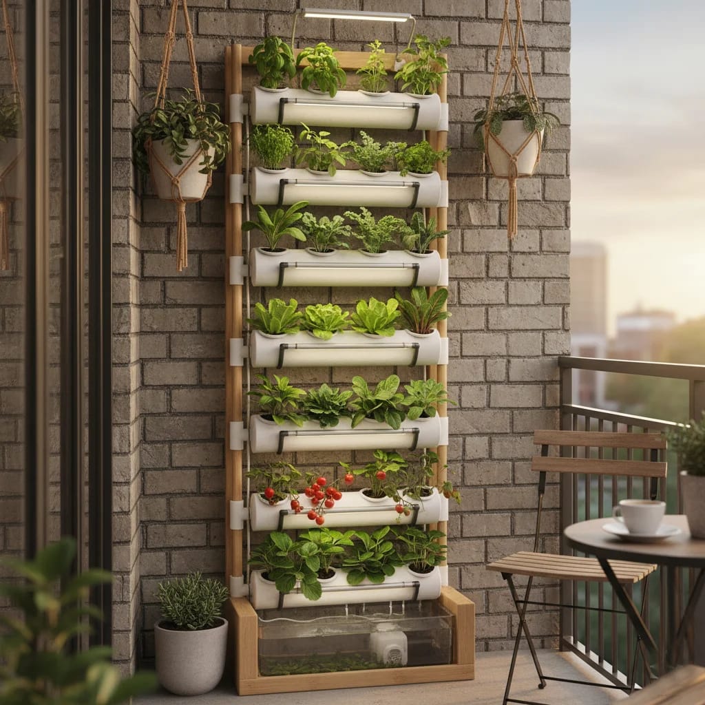 Vertical Hydroponics for Tiny Apartments: Your Anti-Eviction Survival Guide 1 A vertical hydroponic garden at home | 2x4ft layout for small apartment balcony.