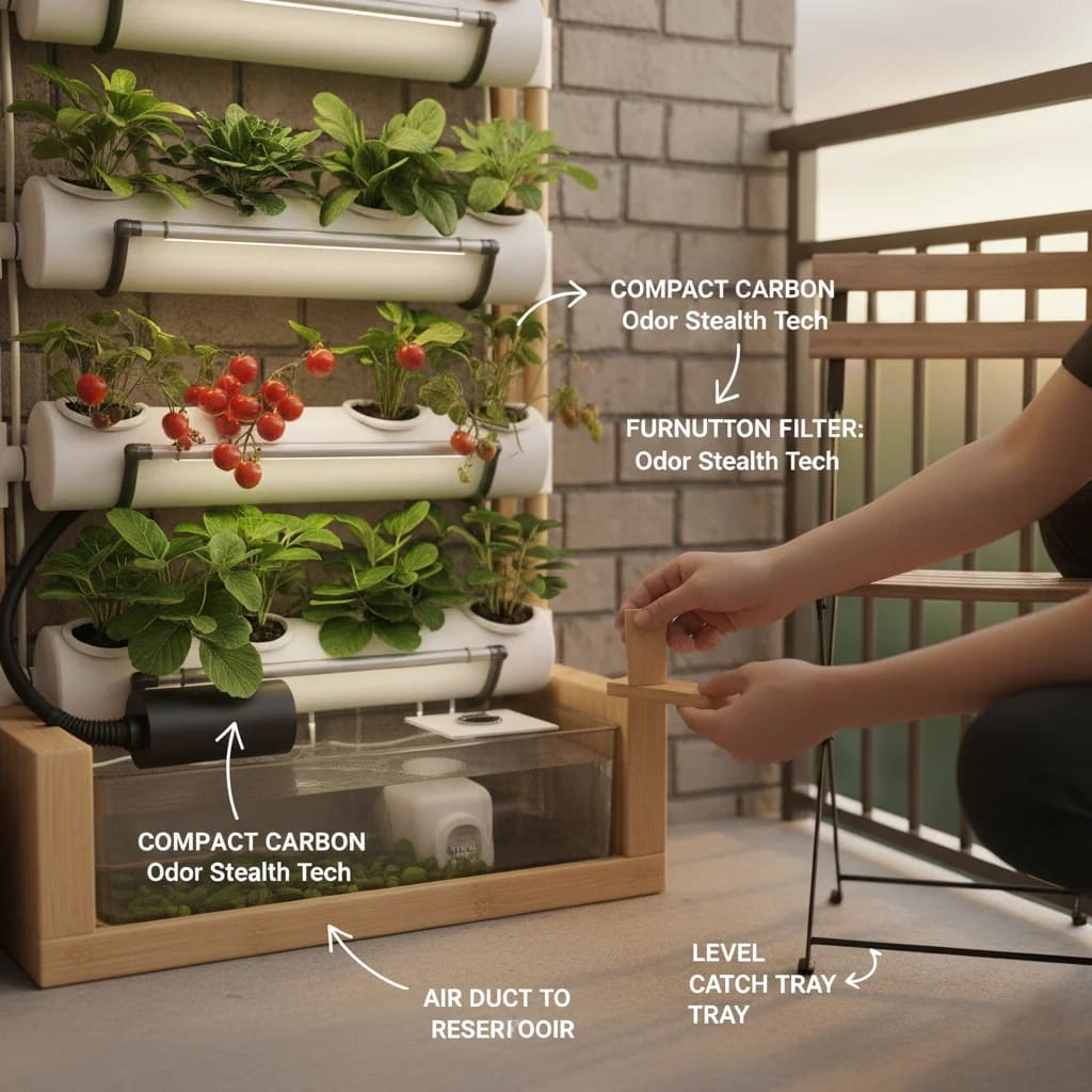 Vertical Hydroponics for Tiny Apartments: Your Anti-Eviction Survival Guide 7 Installing a carbon filter for odor control in a vertical hydroponic setup | Small apartment stealth tech.