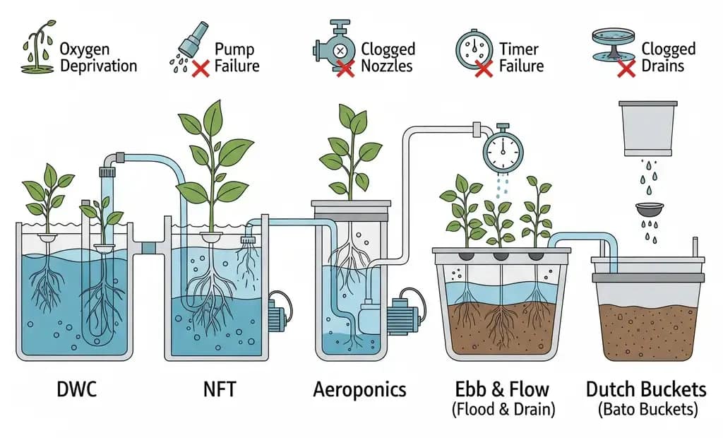 Hydroponic Root Rot Prevention Decoded: Tame Temps, Sterile vs Biologic Warfare & Flow Tactics That Actually Work 3 A schematic diagram comparing five different hydroponic systems and their specific vulnerabilities to root rot, including DWC and NFT.