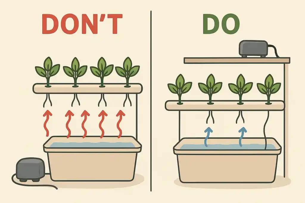 DWC Air Pumps 2025: Silence Your Grow Room Without Starving Roots 3 A "Do vs. Don't" image. The "Don't" shows a pump next to a reservoir with red heat arrows going into the water.