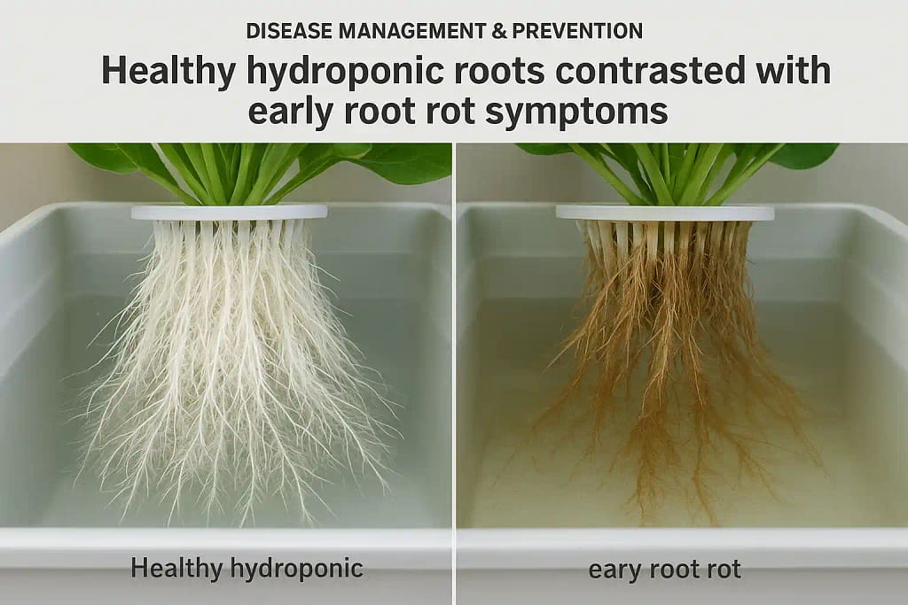 Hydroponic Tomatoes & Peppers Unleashed: Grow Bustling Harvests Year-Round 8 A side-by-side or composite image showing healthy, white, oxygenated hydroponic roots next to roots exhibiting early signs of browning and sliminess, indicative of root rot.