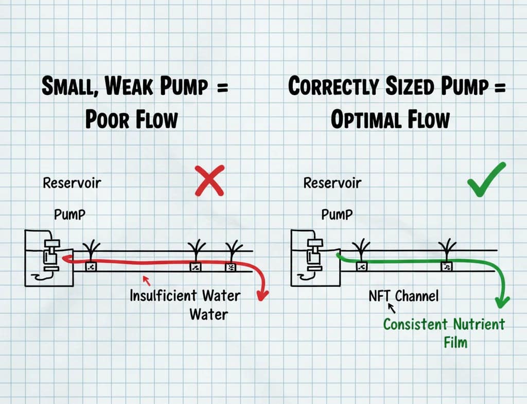 The Ugly Truth About NFT Kits (And How to Avoid the Scams) 3 A technical diagram drawn on graph paper illustrating the importance of pump sizing in a Nutrient Film Technique (NFT) hydroponic system.
