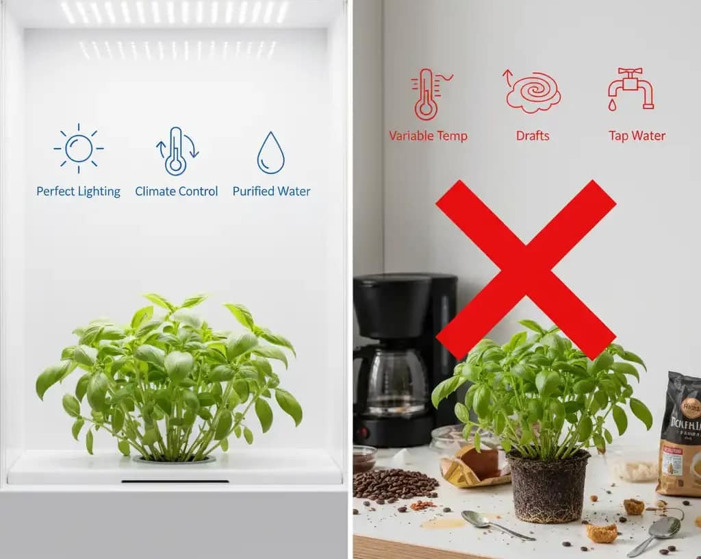Countertop Hydroponics Exposed: The 28-Day Lie & The High Cost of Convenience 1 Diagram contrasting the ideal growing conditions in a lab vs the challenging environment of a home kitchen.