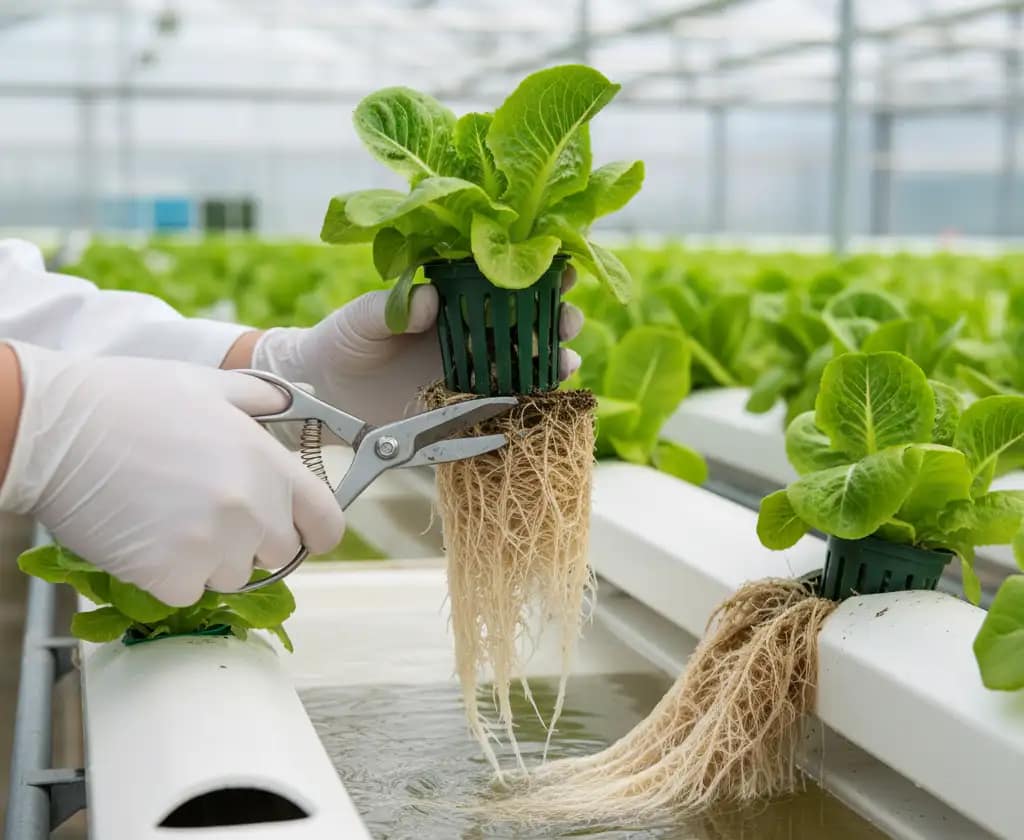 NFT Clog Prevention: 5 Brutal Steps to End Root Mats, Algae, & Pump Death in 2024 2 Trimming a plant’s roots in an NFT system with pruning shears