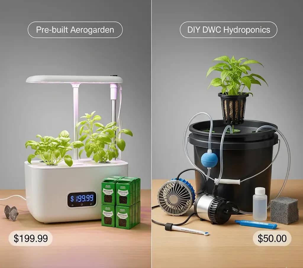 The $150 Hydroponic Test Rig: DIY Starter Kit for Beginners 1 A side-by-side comparison of a pre-built Aerogarden kit and a DIY DWC hydroponic system, highlighting the difference in cost and components.