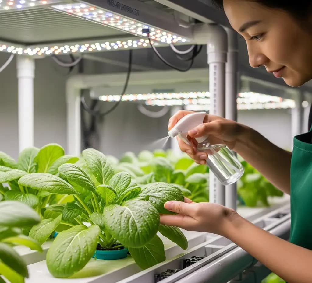Aeroponic Nutrient Warfare: The Ultimate Guide to Feeding Your Tower 2 A hydroponic grower carefully misting the leaves of a plant with a foliar spray to provide a direct nutrient supplement.