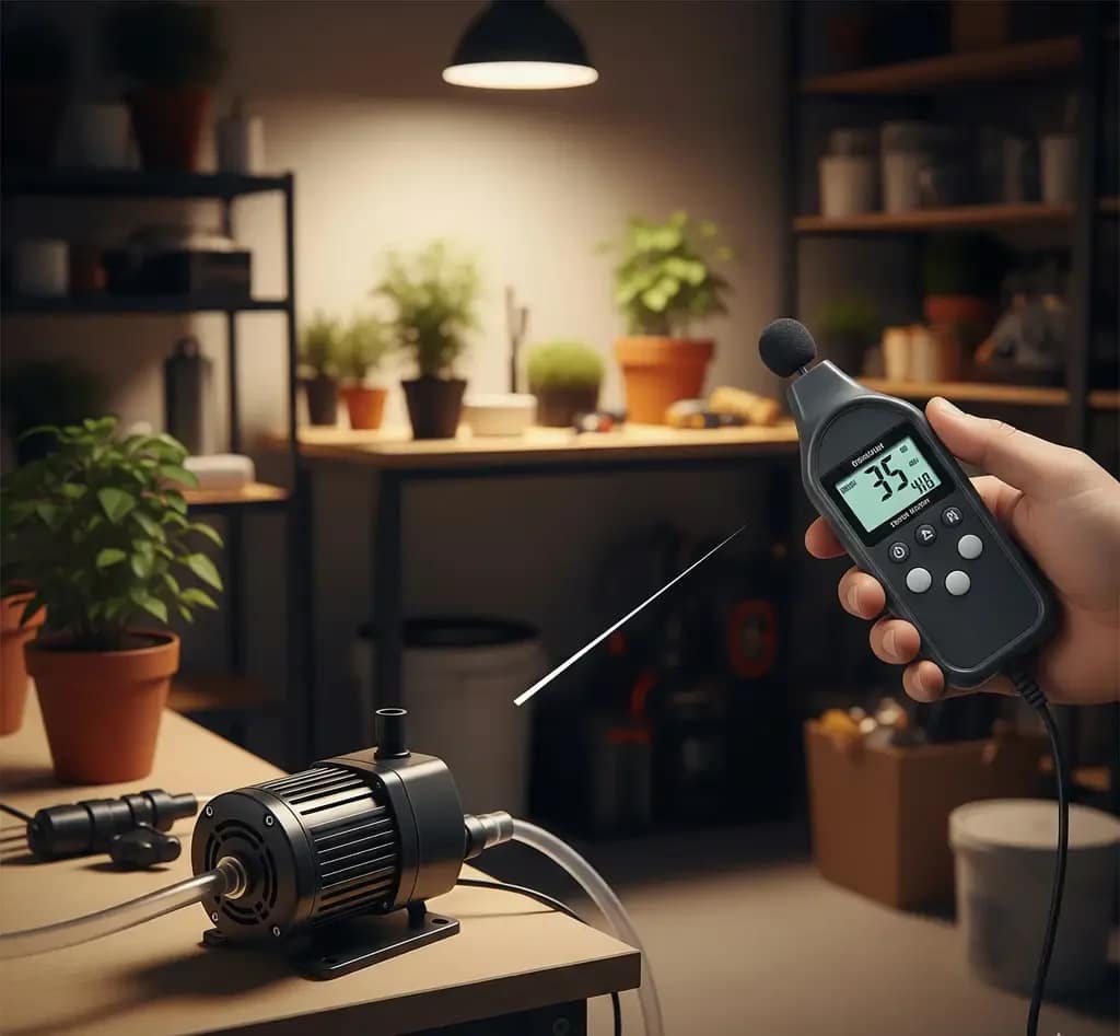 Solar Hydroponics Decoded: Size Panels, Batteries & Pump Loads to Never Run Out of Power 1 A decibel meter measures the noise level of a quiet solar water pump for an off-grid hydroponic system.