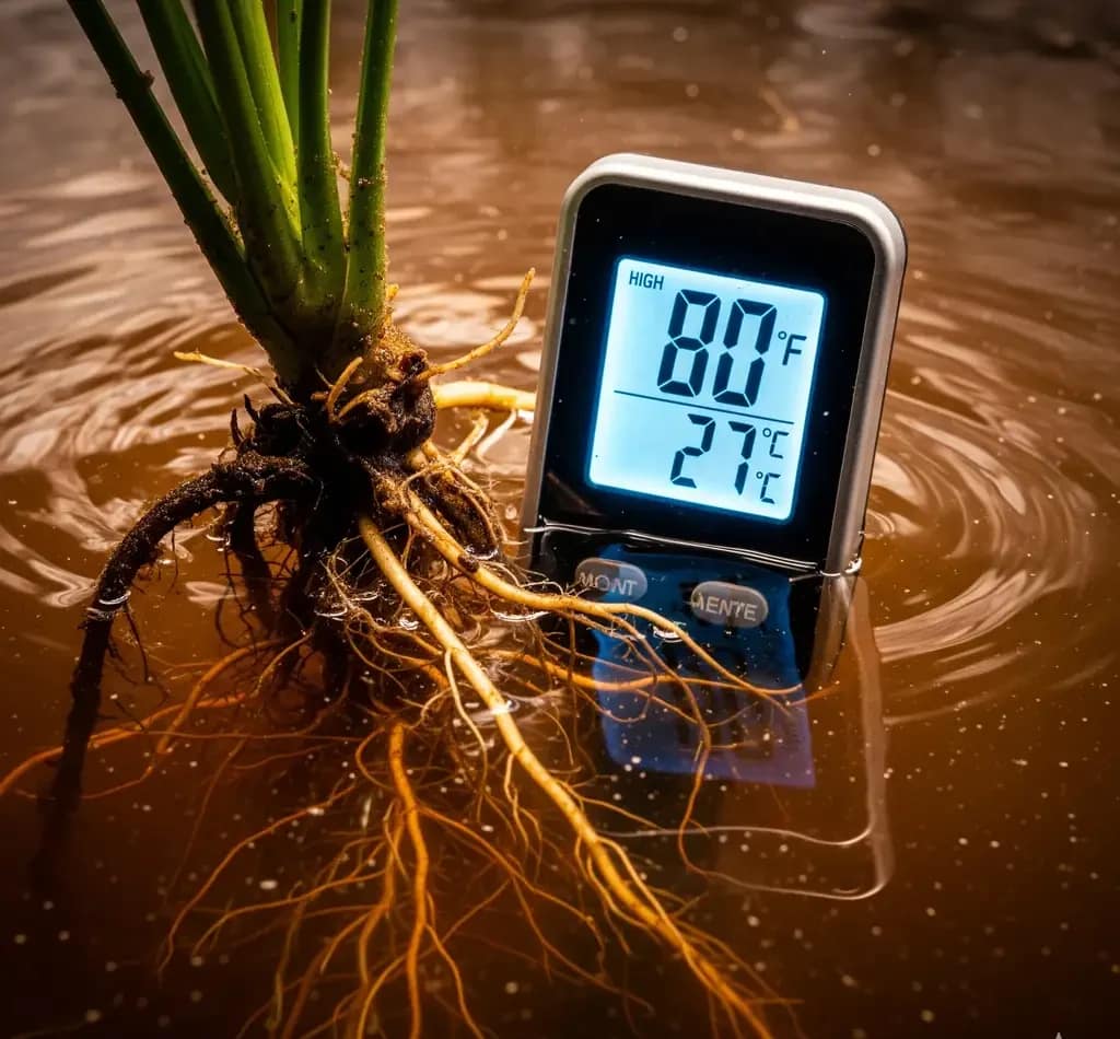 Hydroponic Root Rot Prevention Decoded: Tame Temps, Sterile vs Biologic Warfare & Flow Tactics That Actually Work 1 A digital thermometer showing a high hydroponic temperature in a brown, oxygen-deprived reservoir, illustrating the "5°F Death Zone."