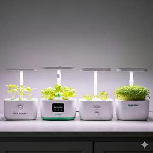 Vertical Hydro Wars 2025: The Noise, Yield & Cost Truth Brands Hide 1 A visual comparison of countertop hydroponic systems, including the Click & Grow 3 and AeroGarden Harvest