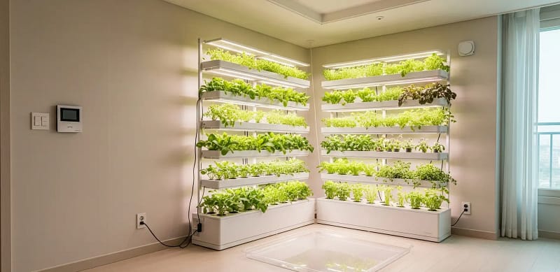 A vertical hydroponic garden with a clear catch tray in a modern apartment, showcasing a leak-proof setup.