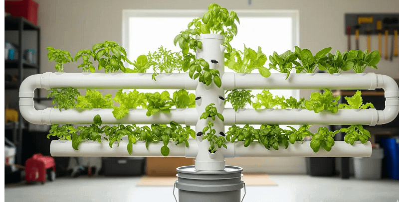 A completed DIY vertical hydroponic tower built from PVC pipe, with healthy lettuce and basil growing from net cups.