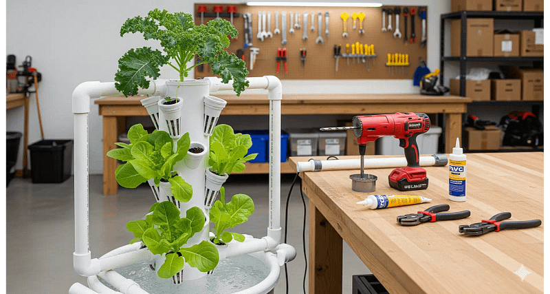 A DIY PVC vertical hydroponics system blueprint and guide for building a high-yield urban garden.
