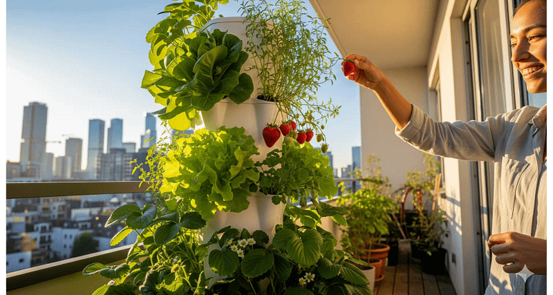 A DIY vertical hydroponic system on an urban balcony, showcasing a high-yield urban food tower.