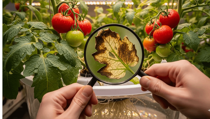 A grower using a magnifying glass to examine a hydroponic tomato plant showing early signs of a hydroponic calcium magnesium deficiency.