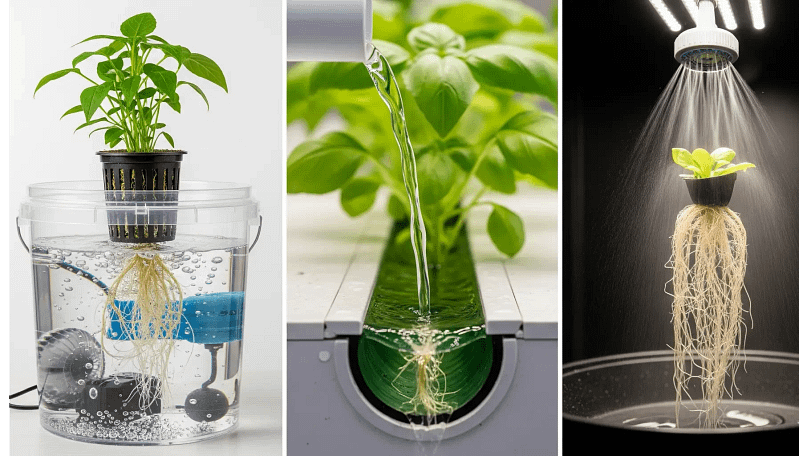 A side-by-side comparison of hydroponic systems, showing DWC, NFT, and Aeroponics to help growers choose the right one