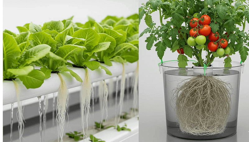 A visual guide for pairing plants with hydroponic systems, showing the ideal root architectures for NFT and DWC setups.