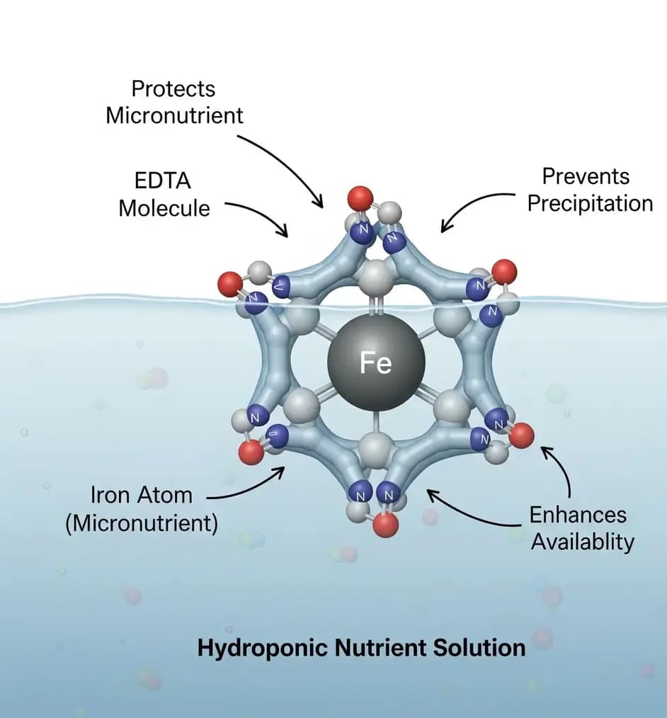 Hydroponic Nutrients 2025: The Clean Mix, pH Stability & Label Truths Labs Don't Share 1 A scientific diagram illustrating how a chelate molecule, like Fe-EDTA, wraps around and protects a micronutrient in a hydroponic nutrient solution.
