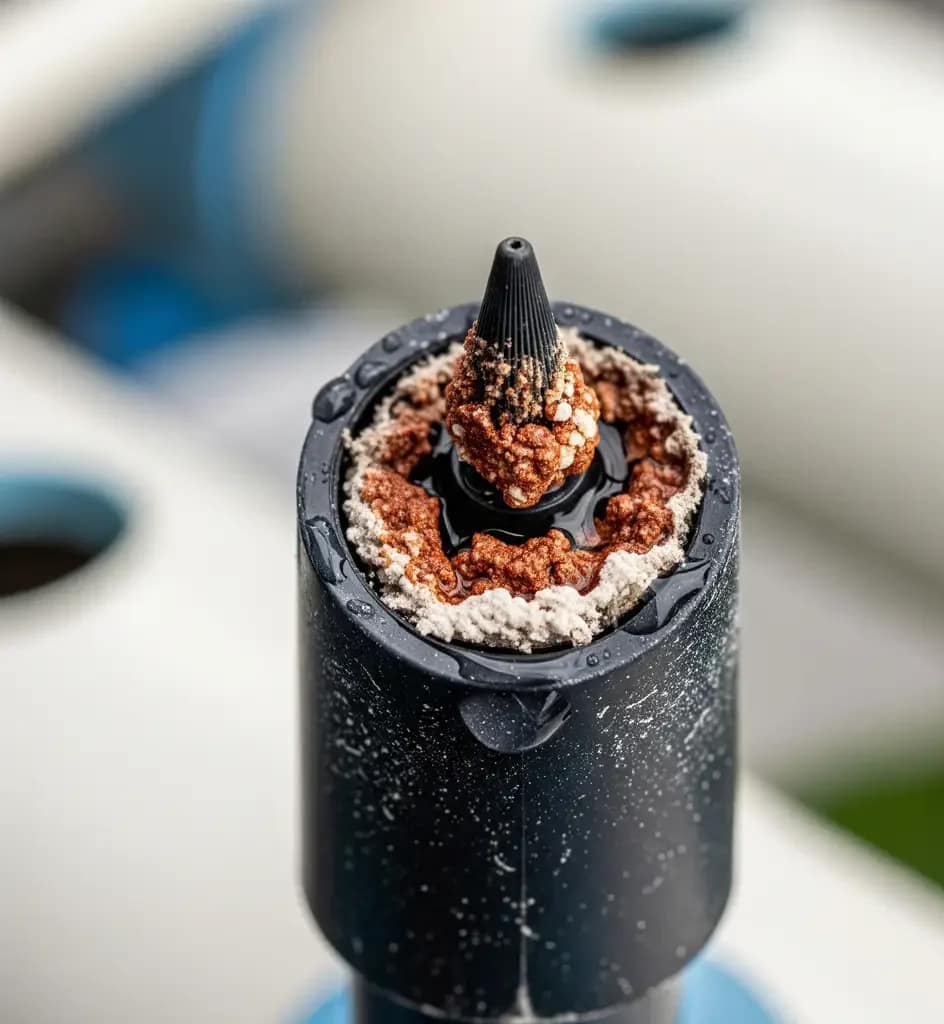 DWC vs NFT vs Aeroponics: The Ultimate Hydroponic Showdown (Yield, Cost & Risk) 3 A macro photo of a clogged aeroponic mister nozzle, illustrating a common point of failure for high-pressure aeroponic systems.