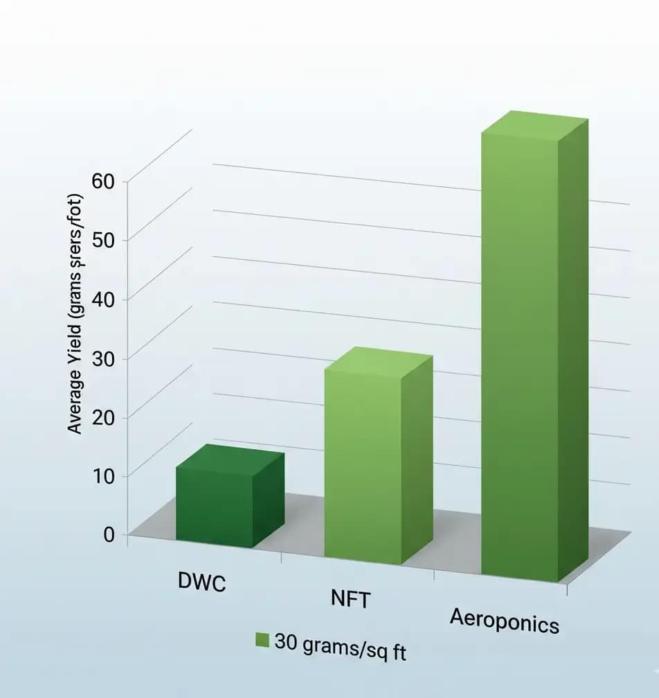 DWC vs NFT vs Aeroponics: The Ultimate Hydroponic Showdown (Yield, Cost & Risk) 1 A bar chart comparing the average yields of DWC, NFT, and Aeroponics systems in grams per square foot.