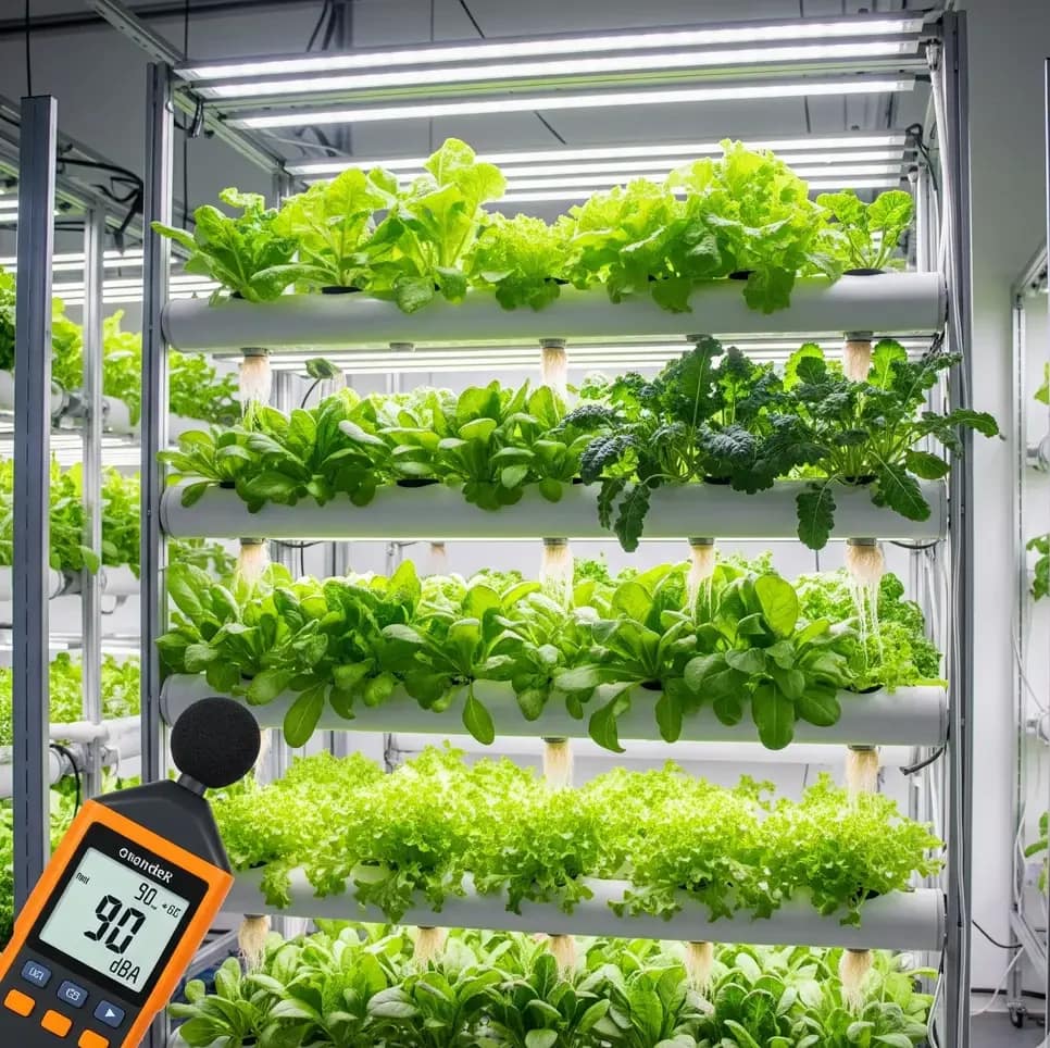 Vertical Hydro Wars 2025: The Noise, Yield & Cost Truth Brands Hide 3 A full-rack hydroponic system with a decibel meter in the foreground, demonstrating the noise levels of high-yield setups.