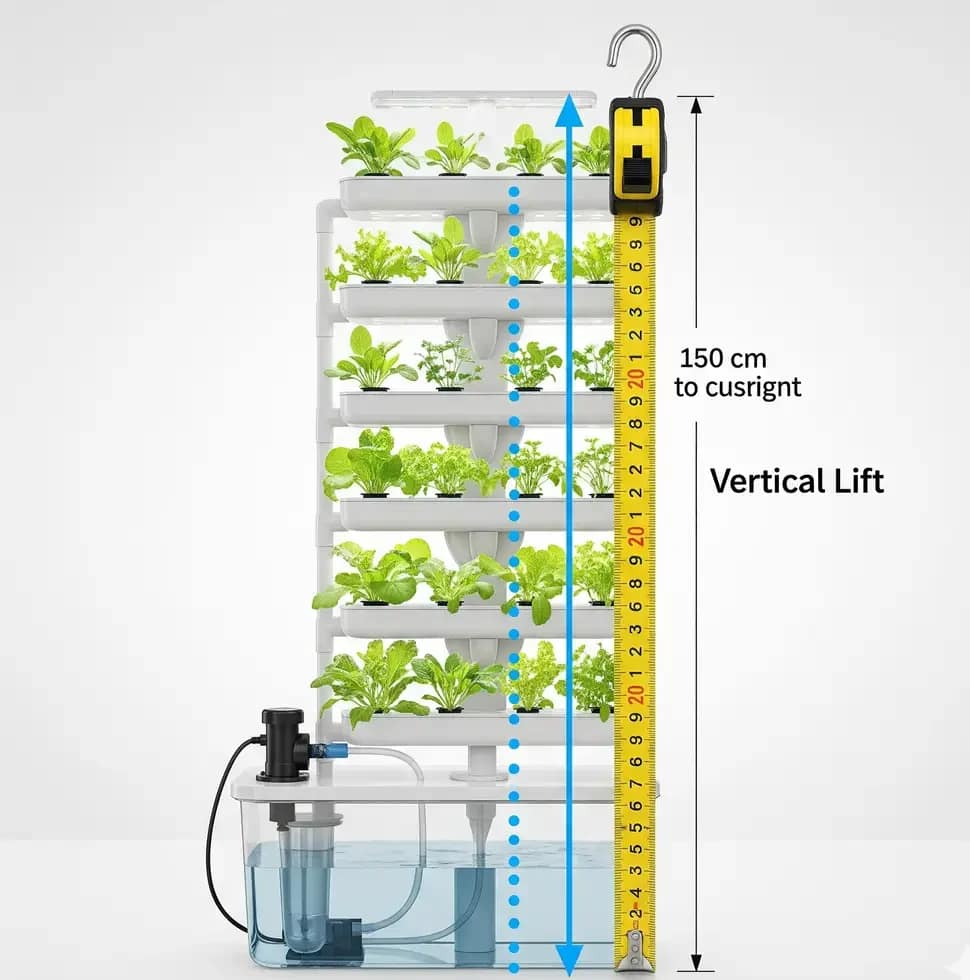 Solar Hydroponic Pumps Exposed: The Quiet & Reliable Truth Brands Hide (Lab Tested) 8 Measuring the vertical head height for a solar hydroponic pump in a multi-tier system.