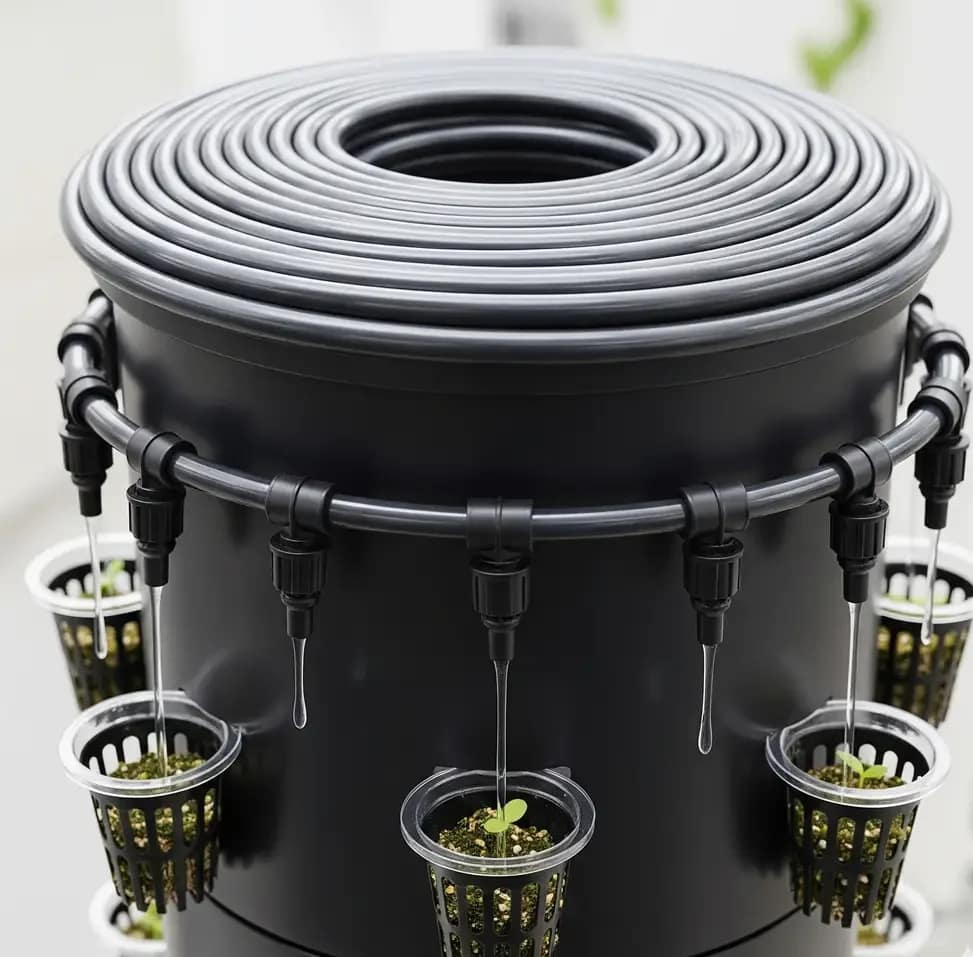 DIY Vertical Hydroponic Tower Under $60: The Leak-Proof Blueprint 3 A manifold with drip emitters designed for a DIY vertical hydroponic tower to ensure even water flow to all plants.