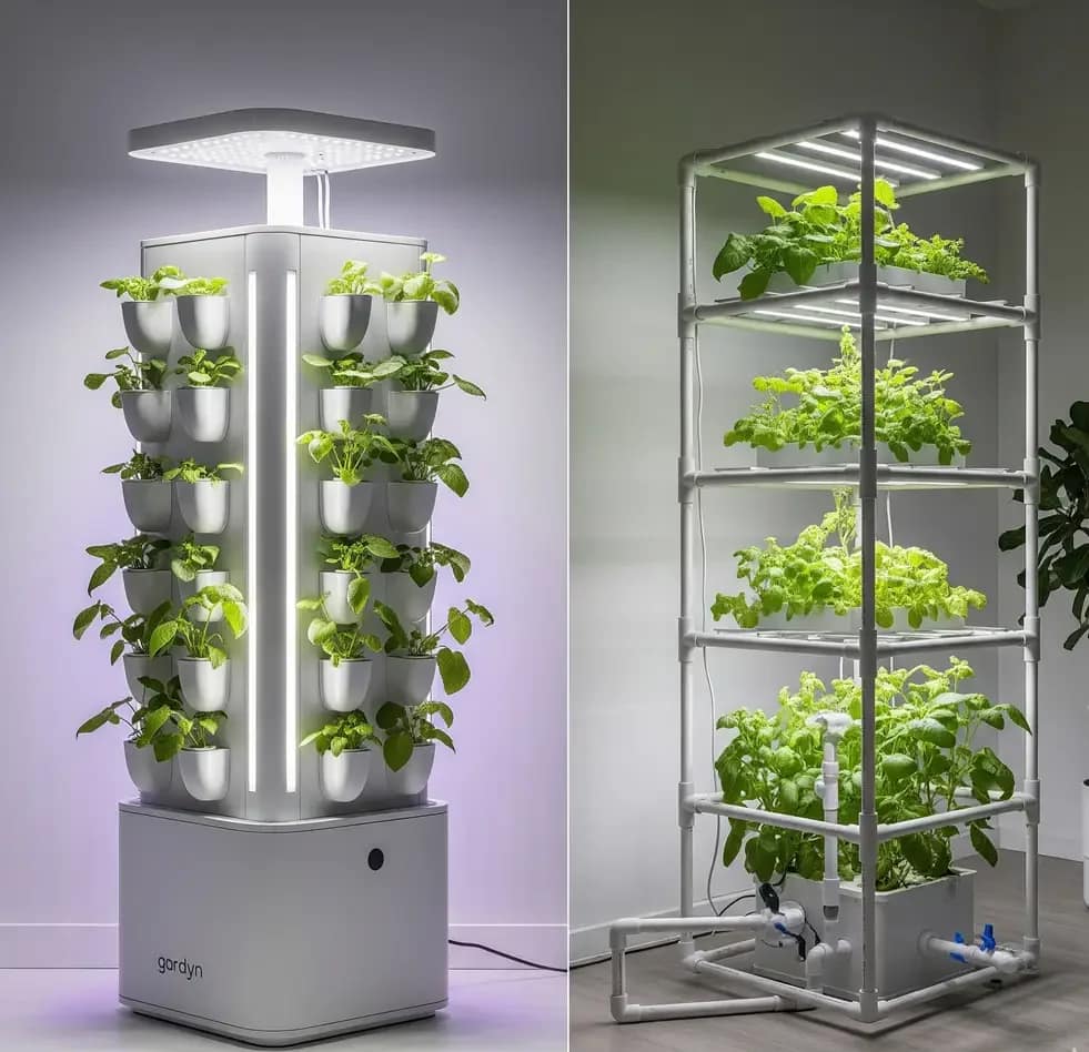 Vertical Hydro Wars 2025: The Noise, Yield & Cost Truth Brands Hide 2 A visual comparison of a high-end, minimalist vertical hydroponic garden and a more functional, utilitarian PVC rack system.