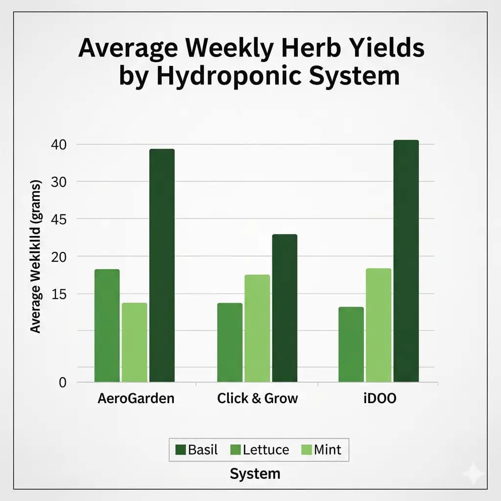 AeroGarden vs Click and Grow vs iDOO: Lab-Tested Showdown (Yield, Taste & Hidden Costs) 1 A bar chart comparing the average weekly yields of basil, lettuce, and mint across AeroGarden, Click & Grow, and iDOO systems.