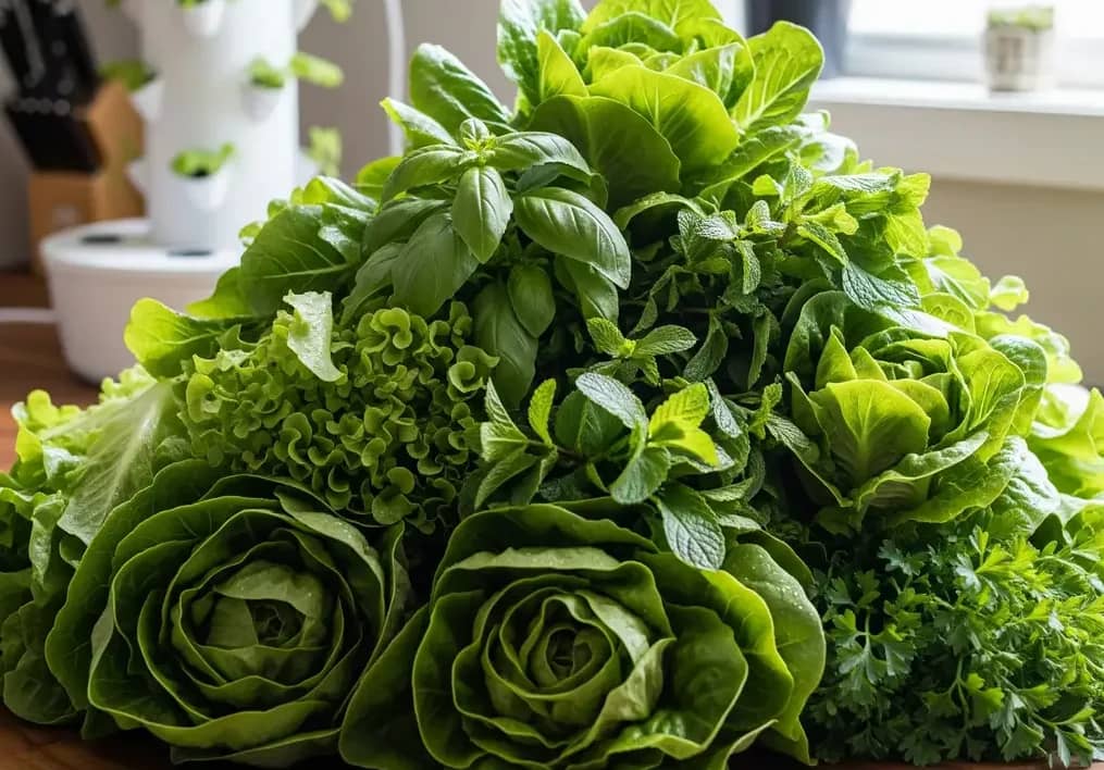 A large pile of fresh lettuce and herbs on a kitchen counter, representing a successful harvest from a high-yield aeroponic tower garden.