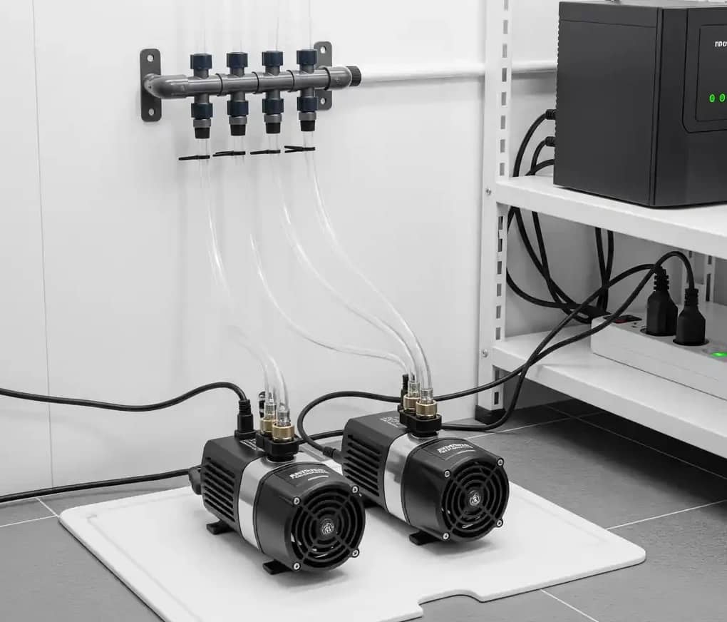 An image showing two smaller air pumps connected to a multi-bucket system