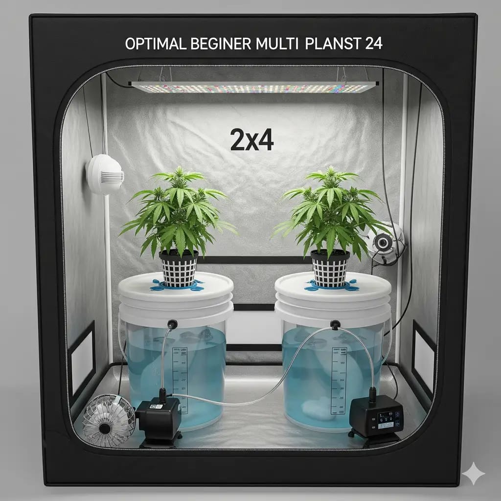 A visual layout of a 2x4 hydroponic cannabis tent with two DWC buckets, illustrating an optimal setup for a beginner multi-plant grow.