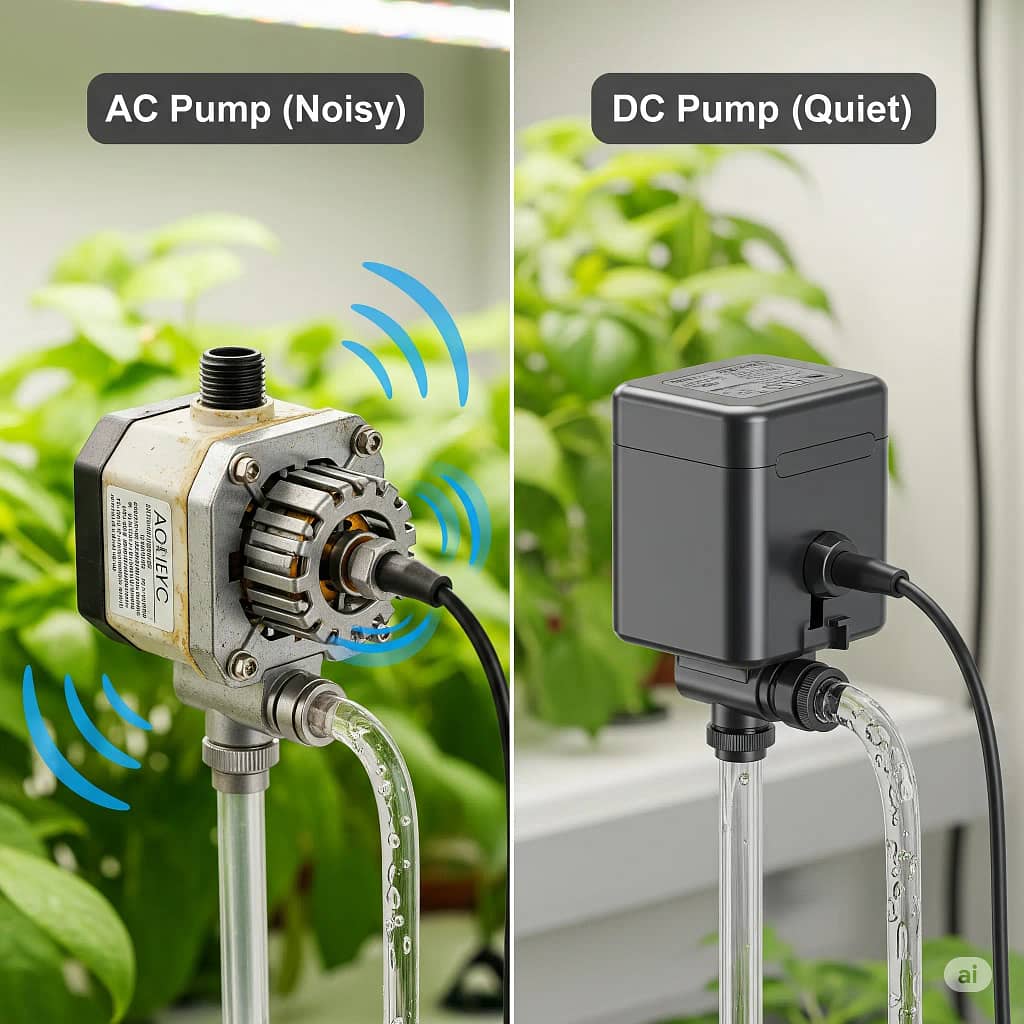 A side-by-side comparison of a noisy AC hydroponic pump and a quiet DC hydroponic pump.