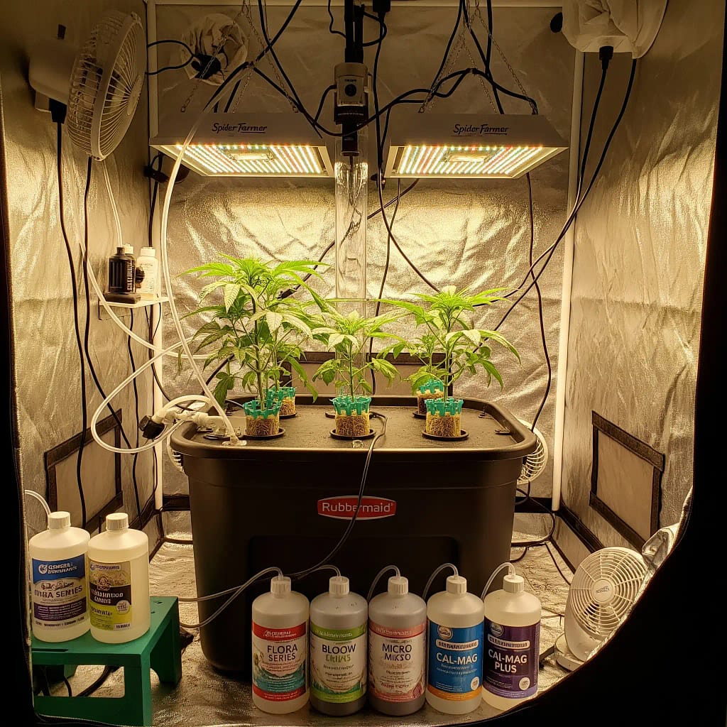 A realistic photo of a custom-built hydroponic DWC rig in a 5x5 grow tent, featuring a black Rubbermaid tote, two Spider Farmer SF-4000 LED lights, and nutrient bottles from General Hydroponics and Botanicare.