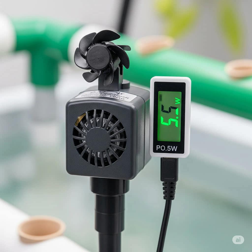 A close-up shot of a small DC hydroponic pump with a power meter reading a low wattage, demonstrating its efficiency.
