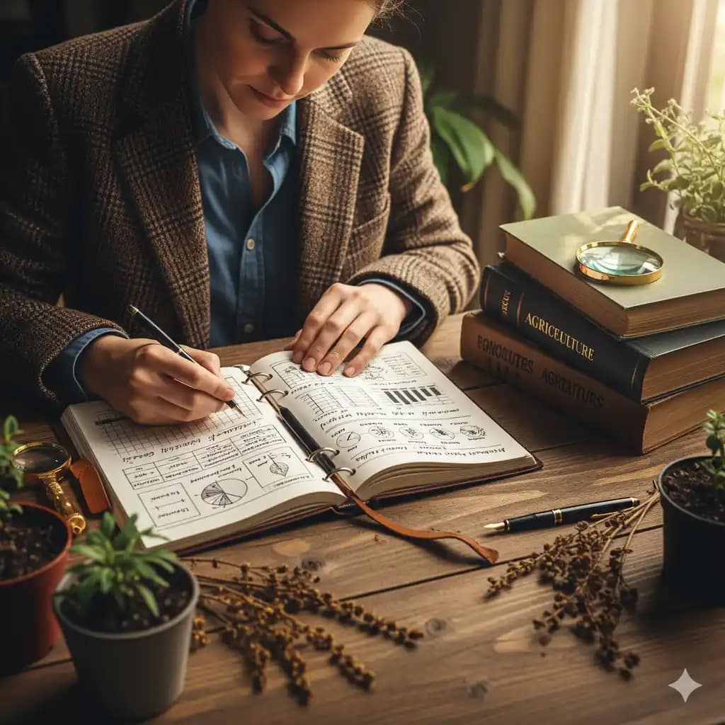 An overhead shot of a person seated at a wooden table, meticulously writing in a journal. The journal contains charts and notes about plants. Surrounding the journal are potted plants, books, and a magnifying glass.