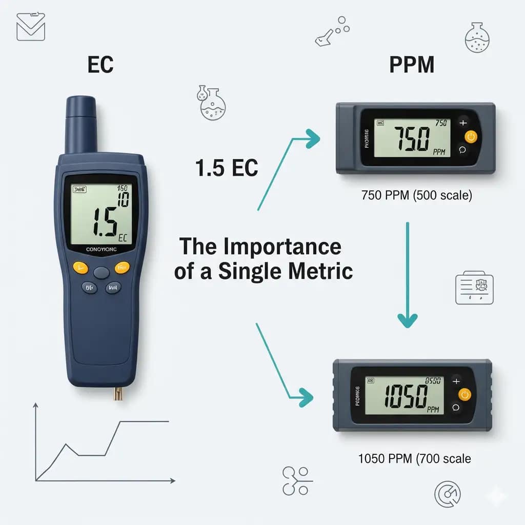 A side-by-side comparison of EC and PPM readings from hydroponic nutrients, showing the importance of using a consistent conversion scale.