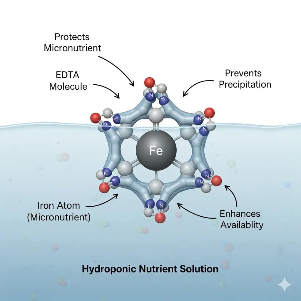 A scientific diagram illustrating how a chelate molecule, like Fe-EDTA, wraps around and protects a micronutrient in a hydroponic nutrient solution.